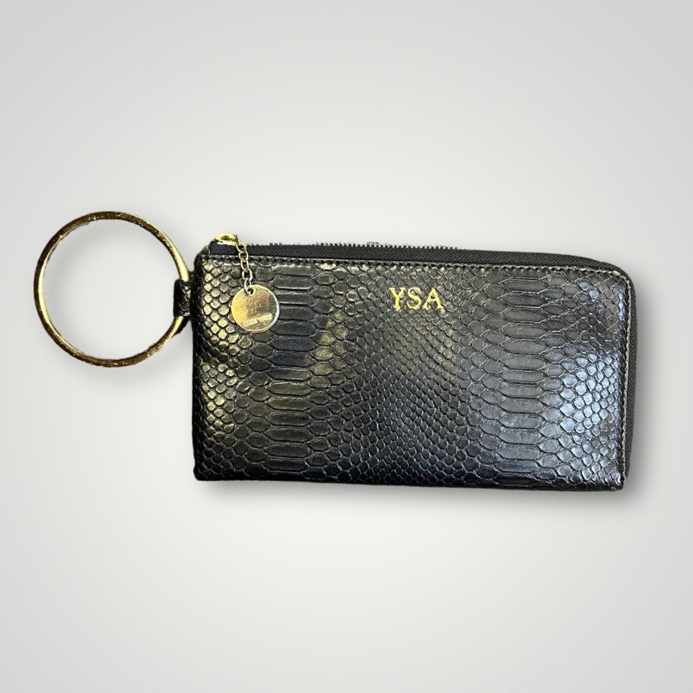 Nine West Black Snakeskin Faux Leather Bracelet Zip Wristlet with YSA Monogram
